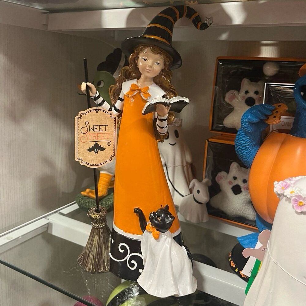 Sweet Street Halloween Witch Holding Broomstick Reading Book with Black Cat